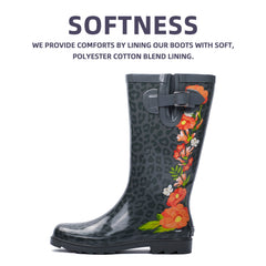 High Top Rubber Womens Rain Boots -Red Flowers