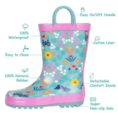 Landchief Pinky Blue Floral Rubber Rain Boots Kids