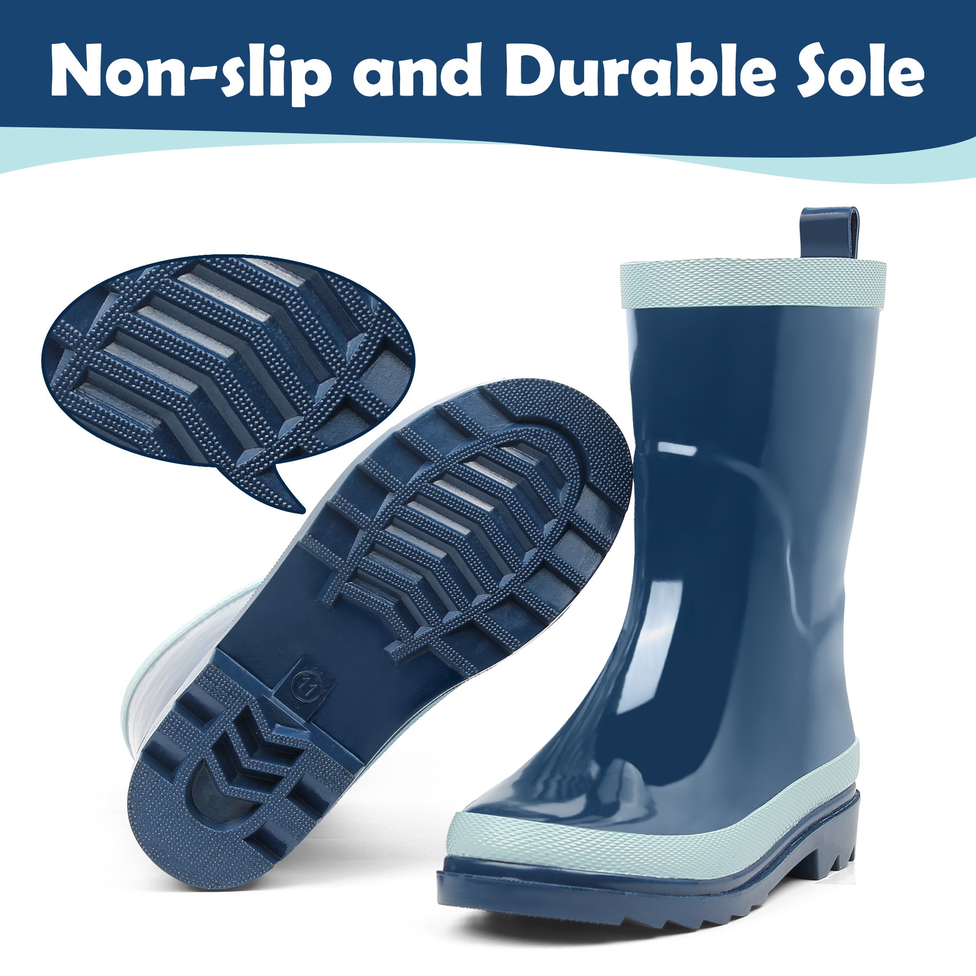 Chic Navy Rain Boots Kids Landchief Durable Natural Rubber Boots for Toddlers and Kids