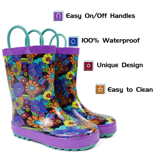 Landchief Purple Flower Rubber Rain Boots Kids