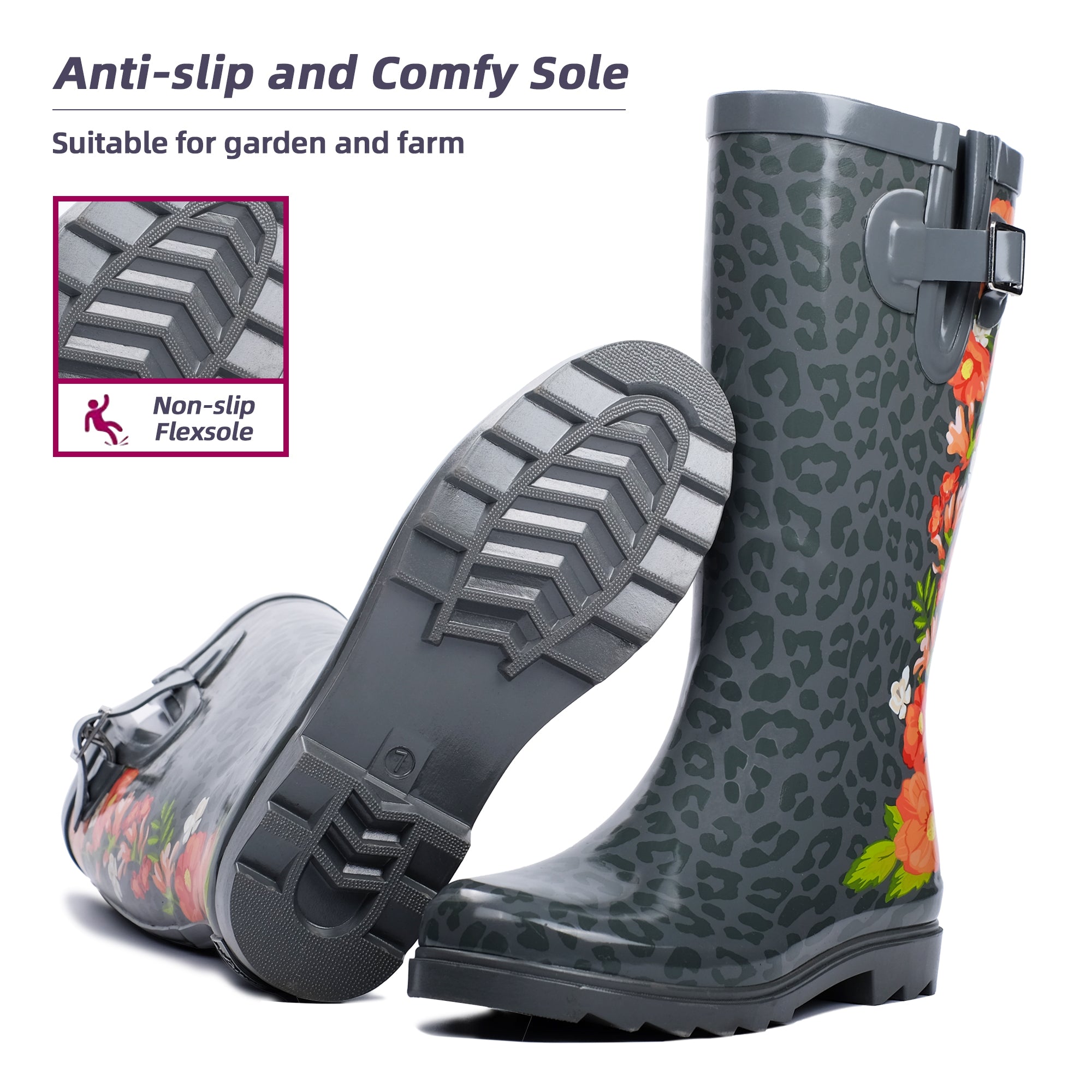 High Top Rubber Womens Rain Boots -Red Flowers
