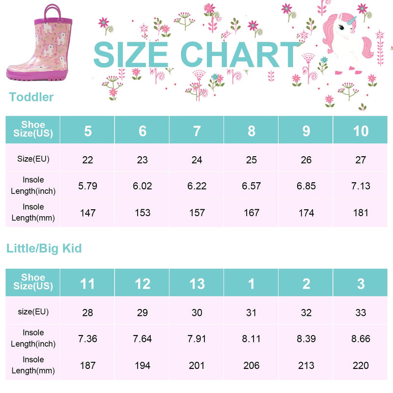 Landchief Unicorns Rubber Rain Boots Kids size chart