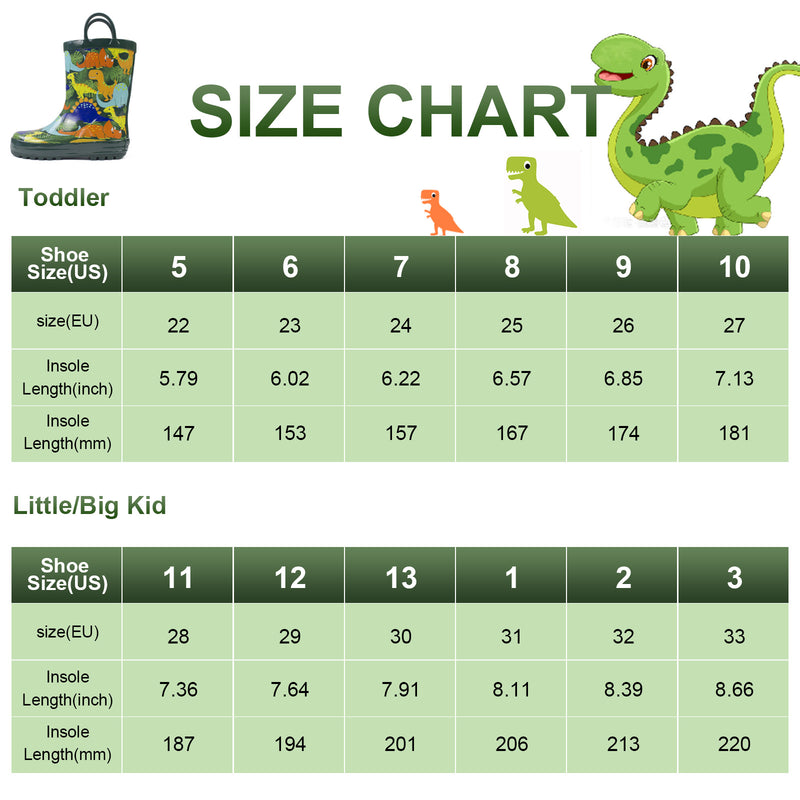 Landchief Jurassic Rubber Rain Boots Kids size chart