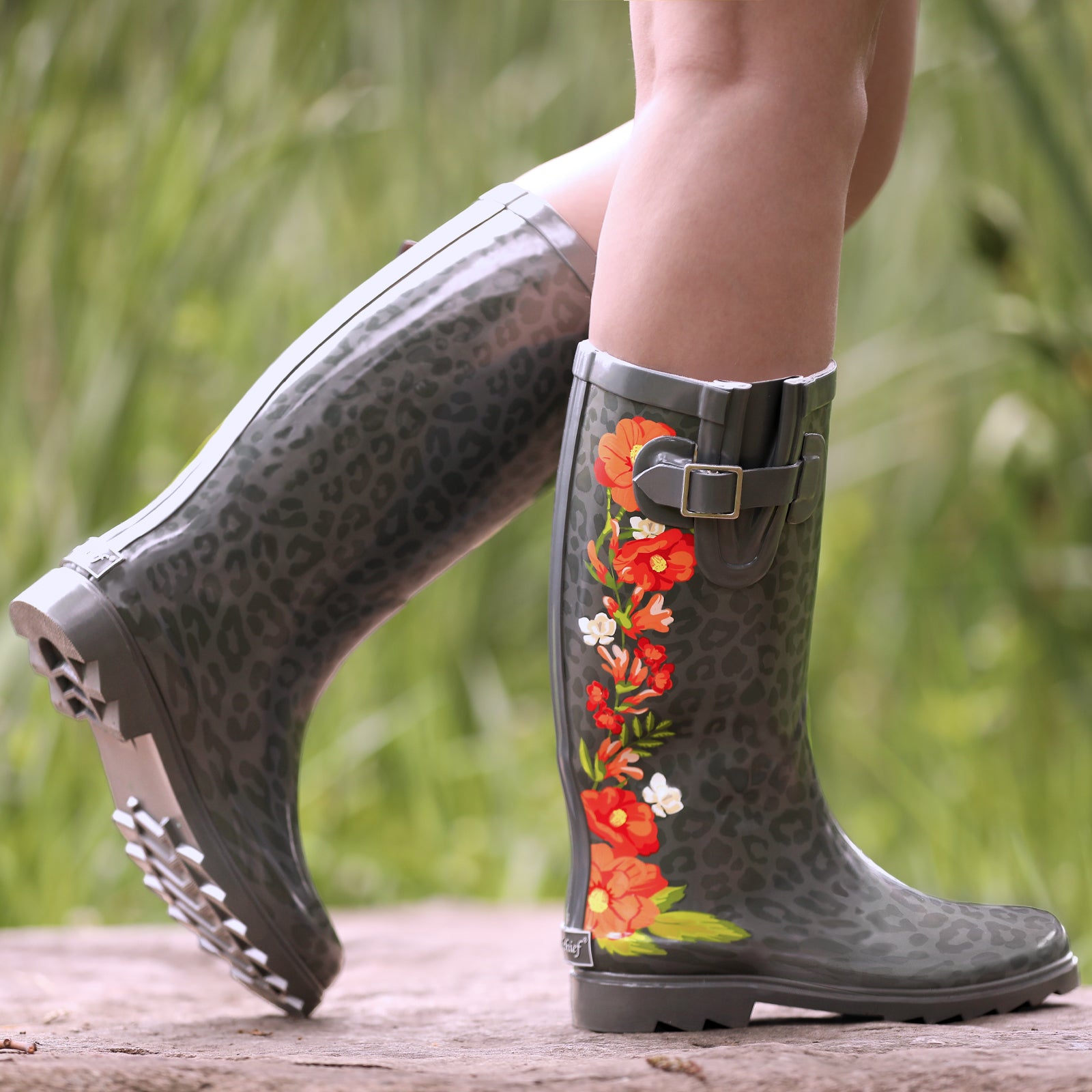 High Top Rubber Womens Rain Boots -Red Flowers